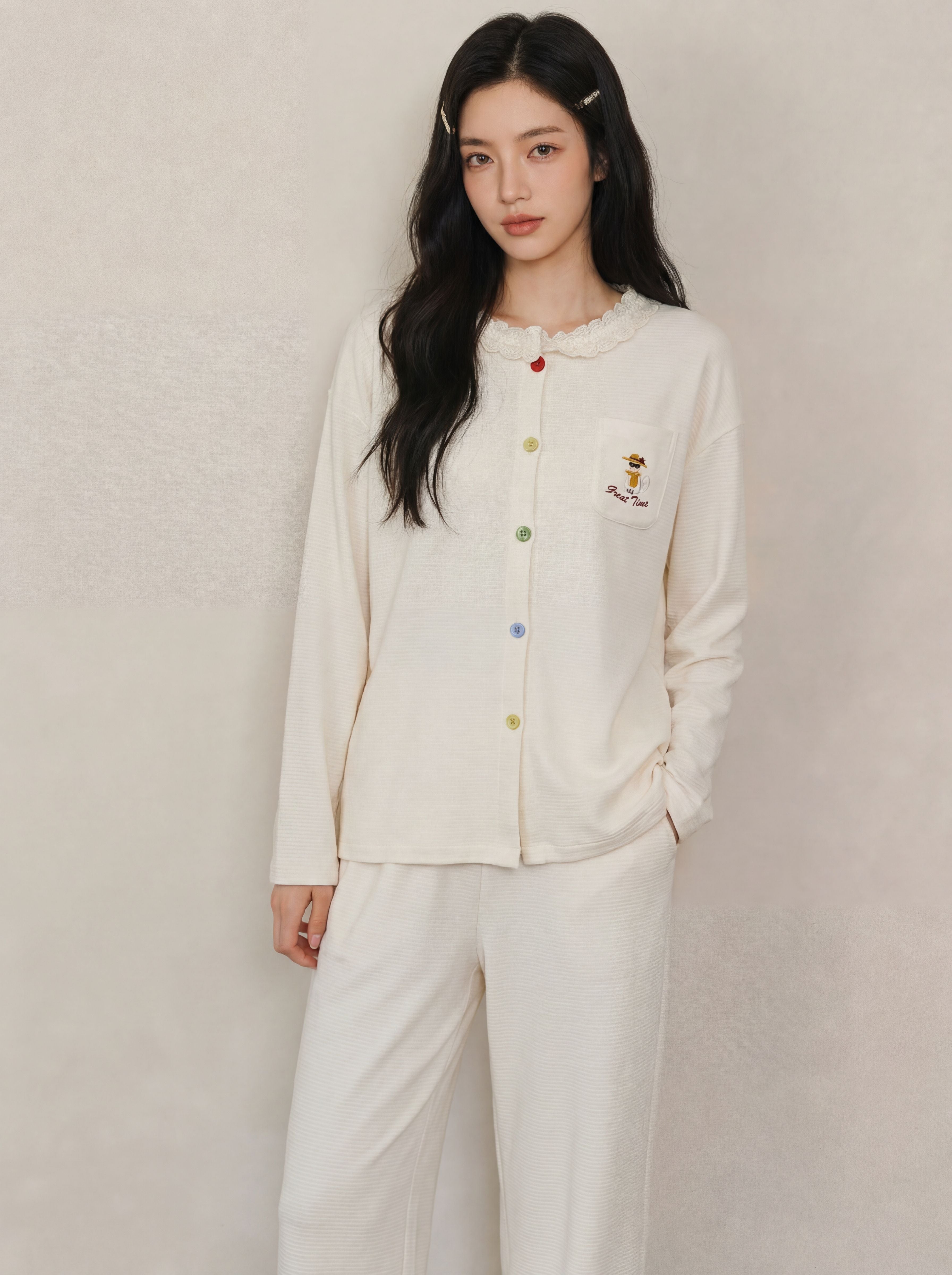 Cozy Lace Trim Button Pajama Set