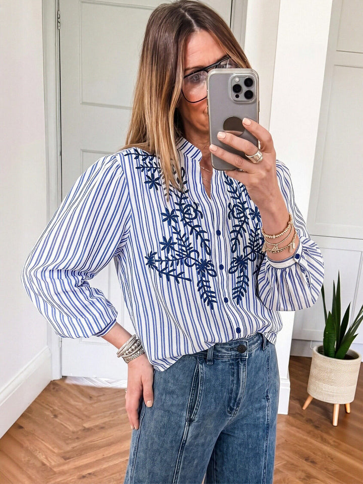 Embroidered Striped Button Down Shirt