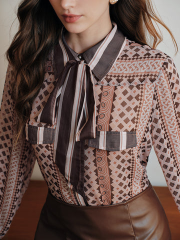 Elegant Geometric Print Tie Neck Shirt