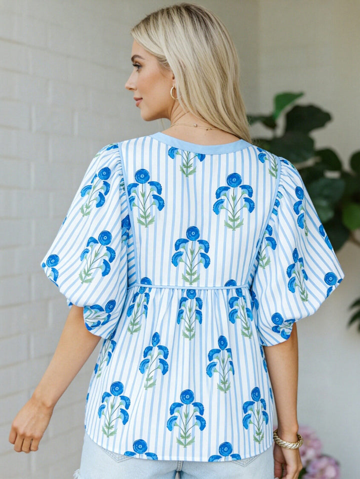 Floral Striped Puff Sleeve Blouse