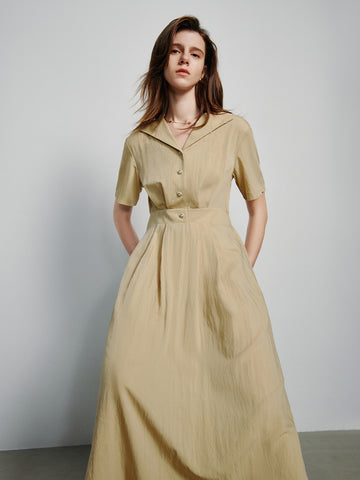 Short Sleeve Pleated Elegant Midi Dress