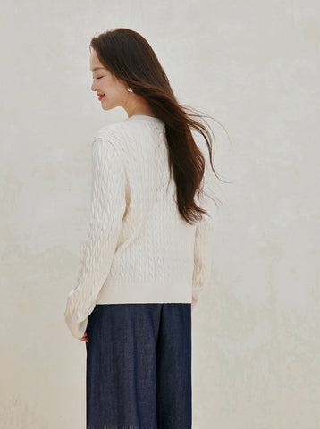 Embroidered Cable Knit Wool Blend Sweater