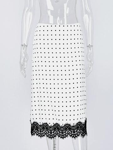Polka Dot Lace Trim Midi Skirt