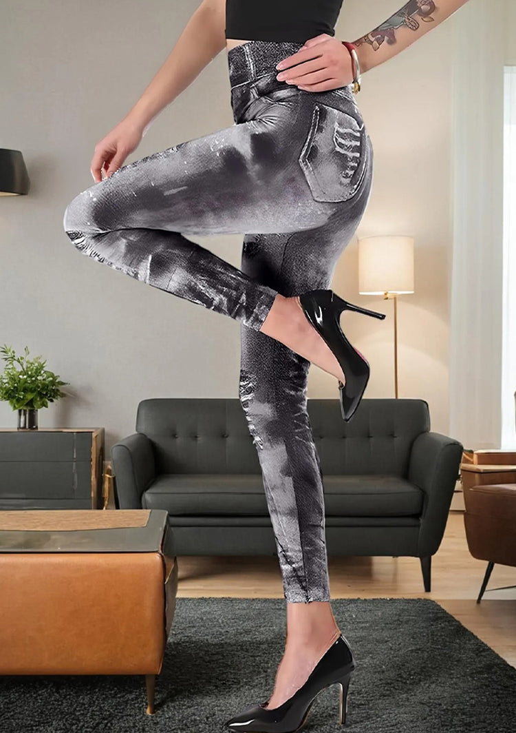 Distressed Denim-Print High-Waisted Stretchy Yoga Leggings