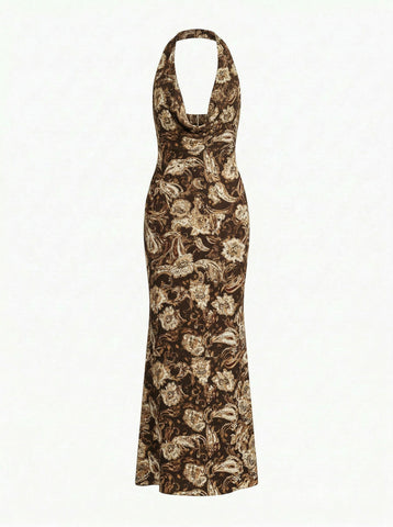 LILA Floral Print Cowl Neck Bodycon Midi Dress