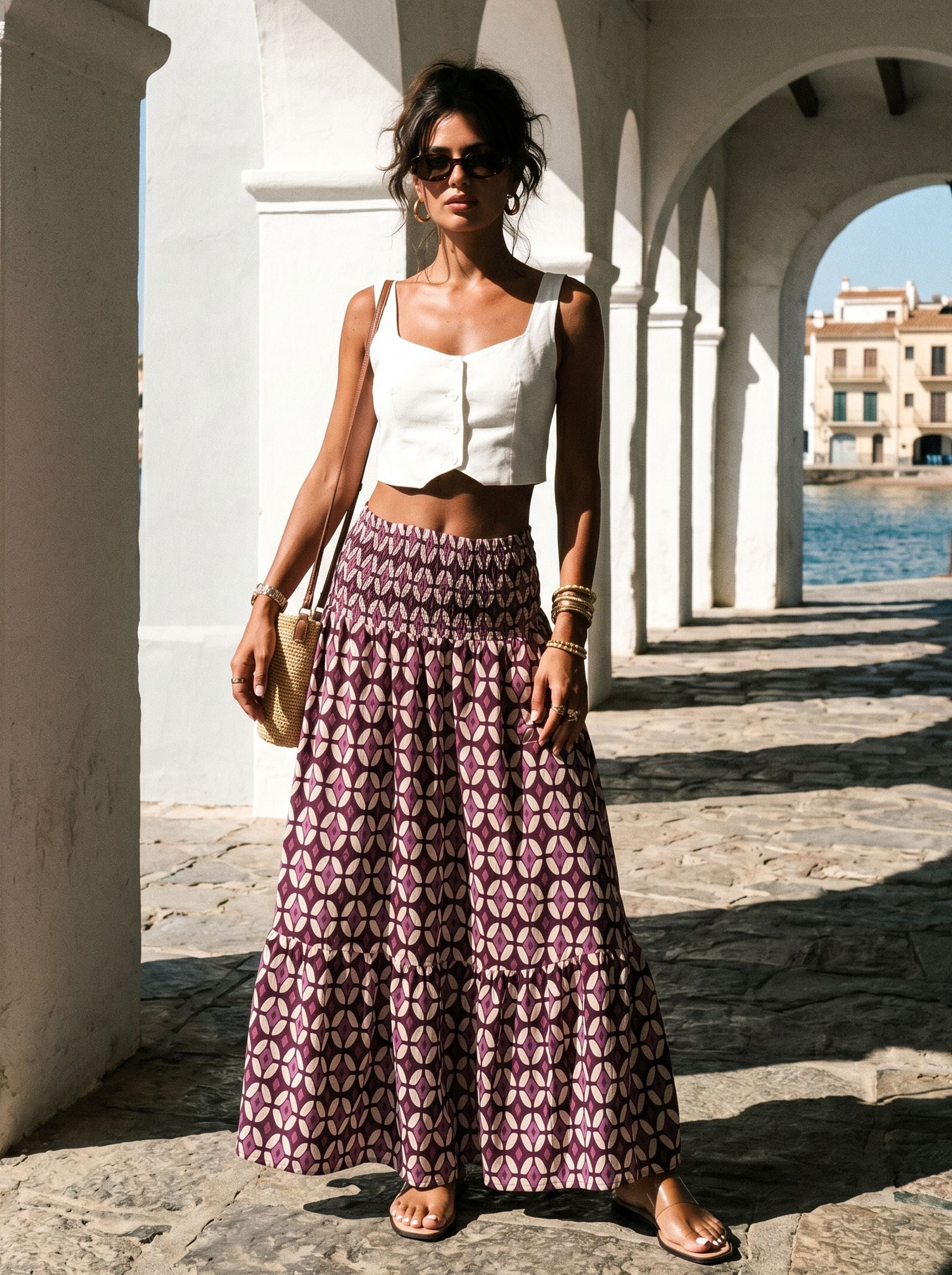 Boho Printed Smocked Waist Maxi Skirt