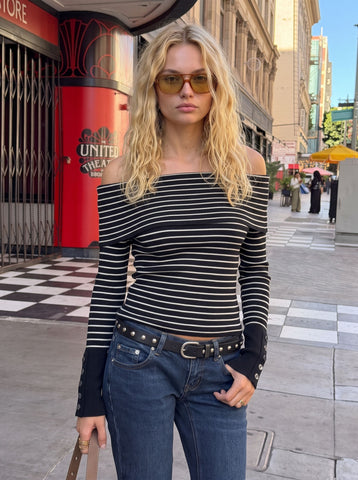 Striped Off Shoulder Ribbed Sweater