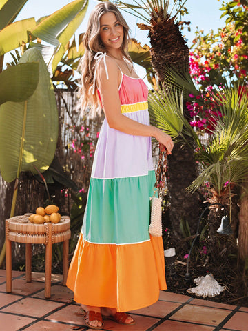 Colorful Tiered Spaghetti Strap Maxi Dress