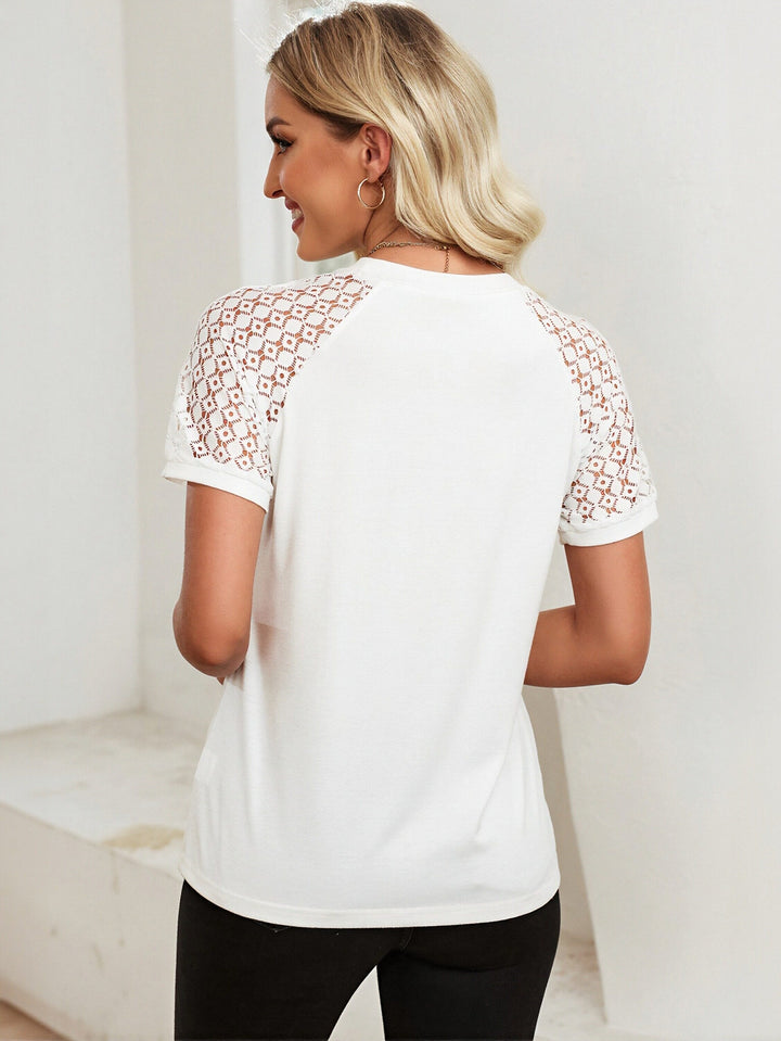 Pleated Lace Sleeve Casual T-Shirt