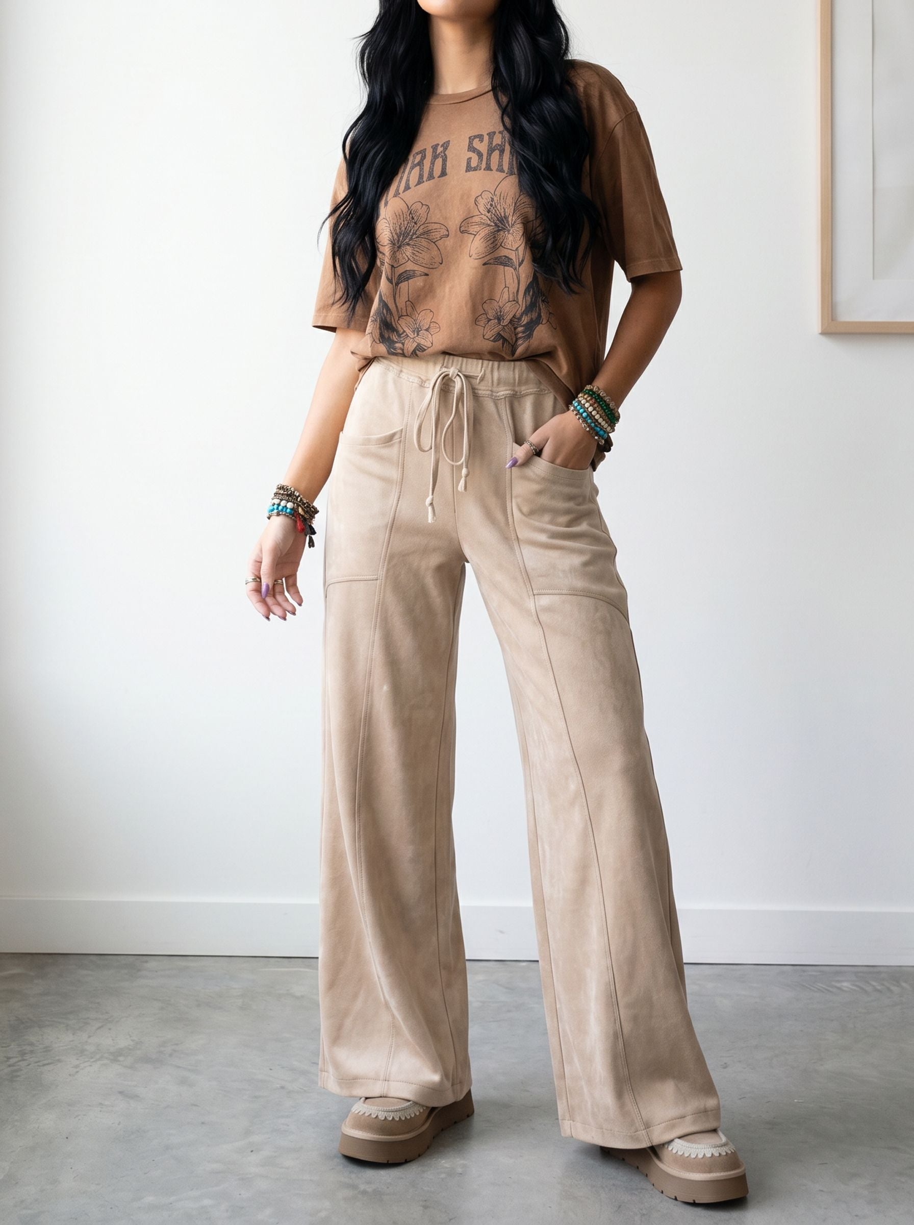 Soft Suede Drawstring Wide Leg Pants