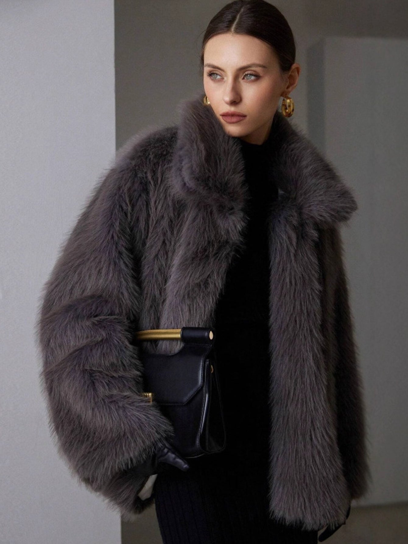Luxurious Grey Faux Fur Coat