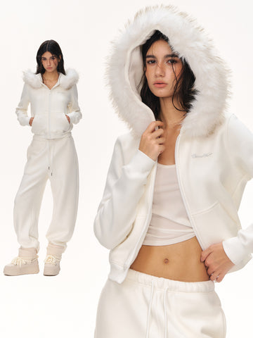 Faux Fur Hooded Zip Up Jacket