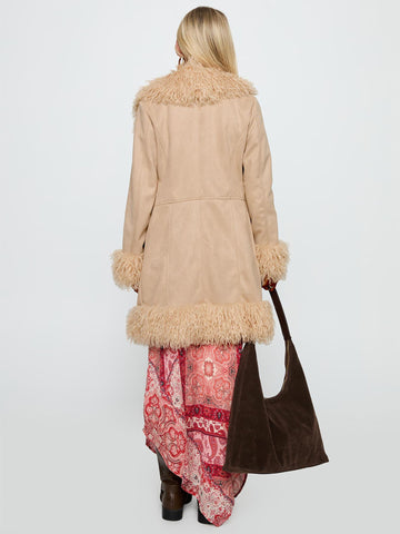 Faux Fur Trim Suede Coat