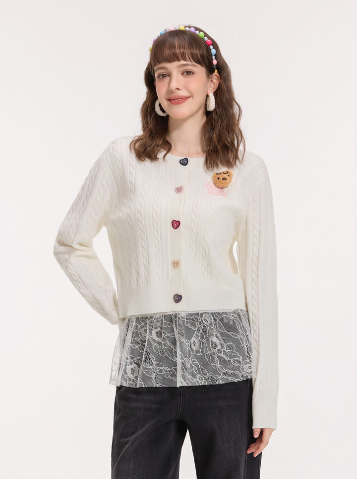 Cute Teddy Embroidered Cable Knit Cardigan