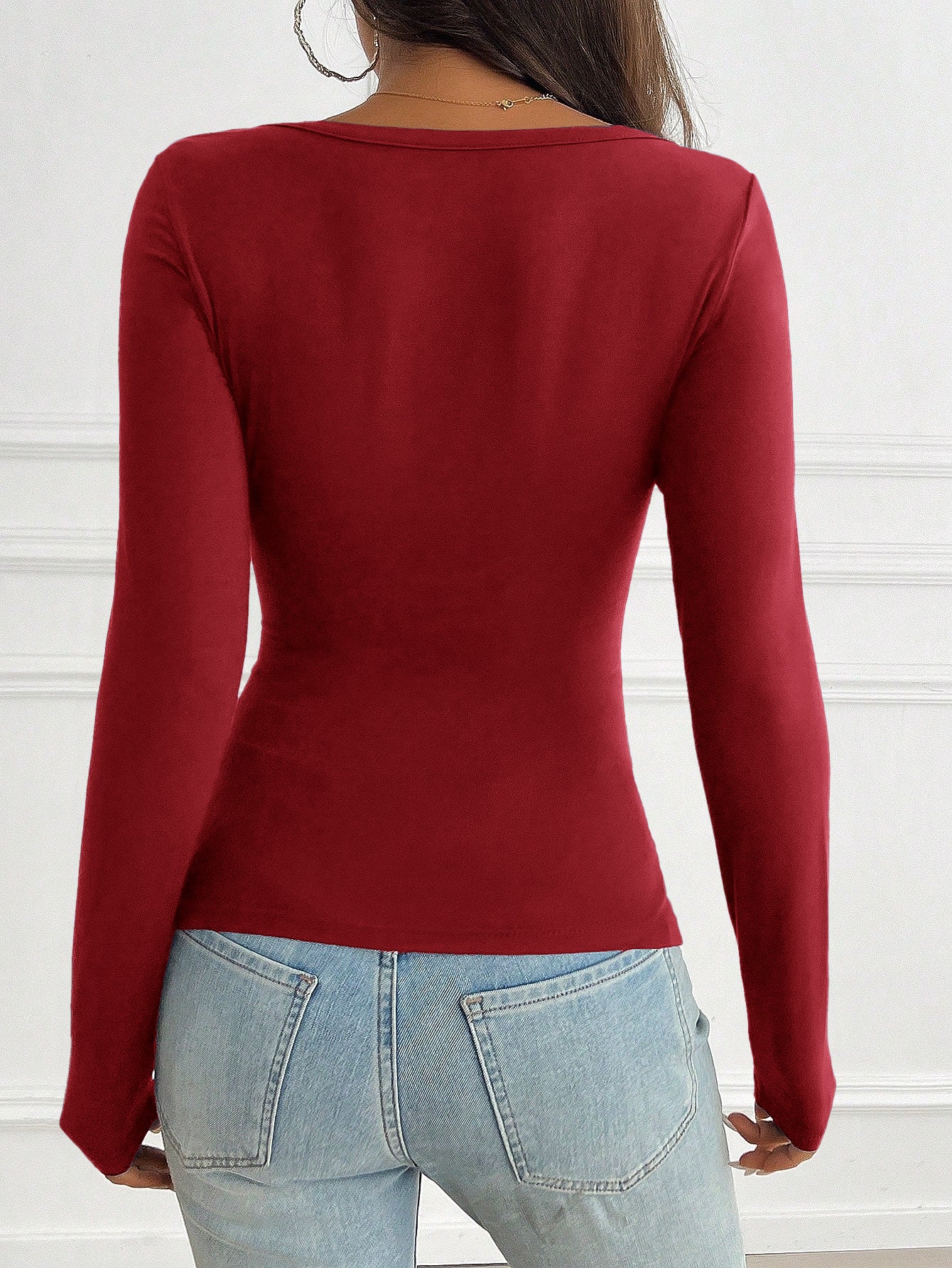 V Neck Long Sleeve Button-Front Casual T-Shirt