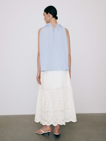 Guipure Lace Tiered Drawstring Pull On A-Line Midi Skirts