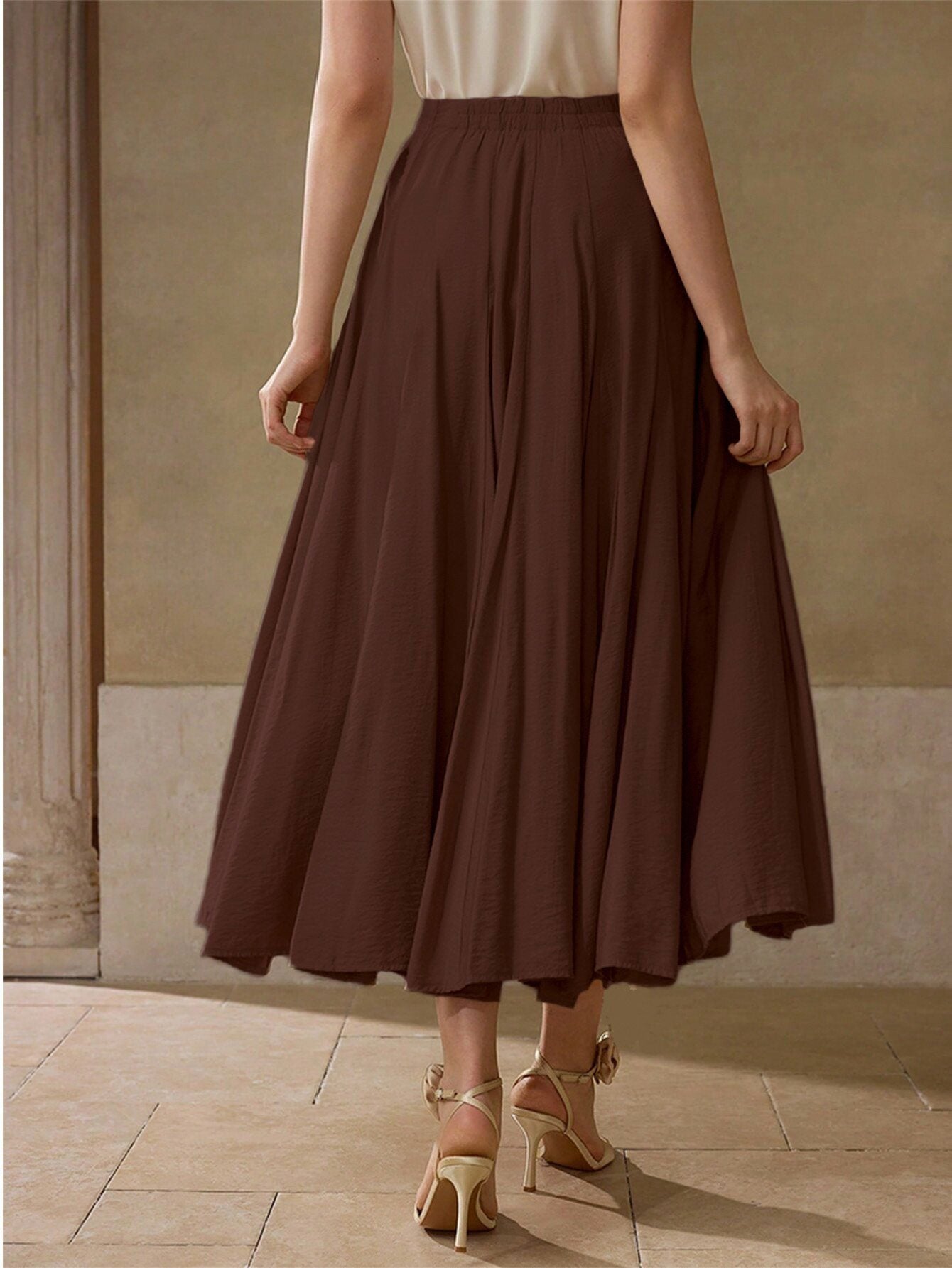 High Waisted Flowy Midi Skirt
