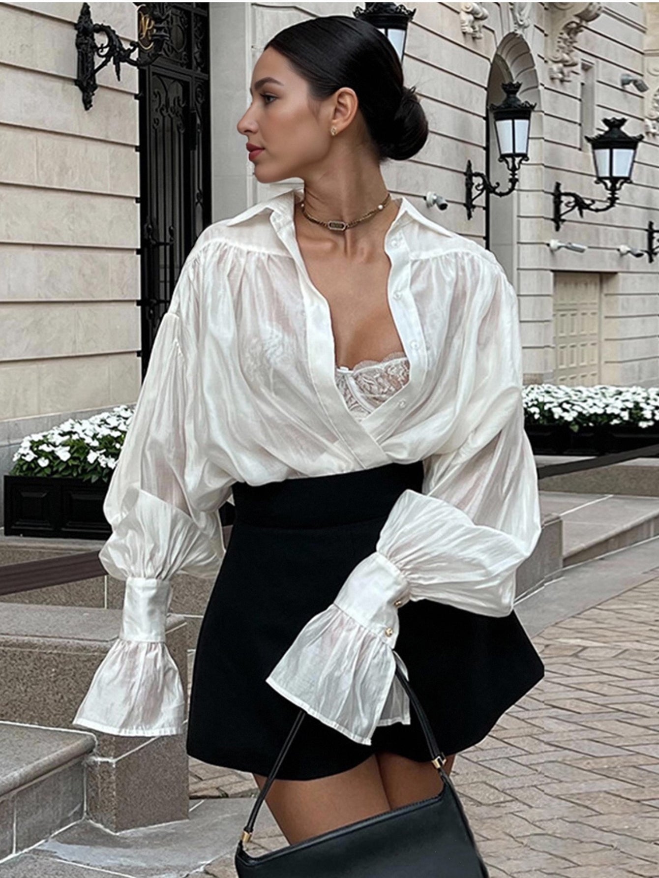 Sheer Balloon Sleeve Button Shirt