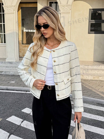 Elegant Striped Tweed Button Jacket