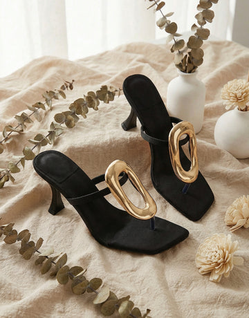 Geometric Metallic Detail Square-Toe Slingback Modern Sandals-Black