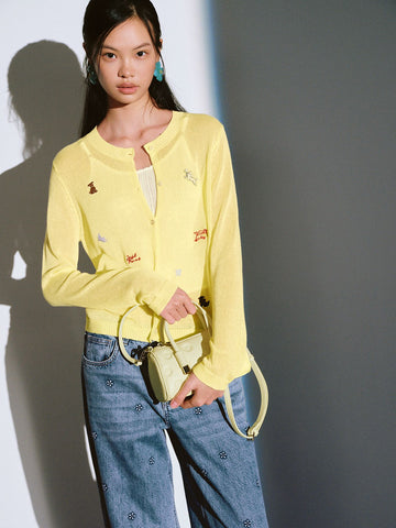 Urban Revivo Embroidered Sheer Knitted Cardigans-light yellow