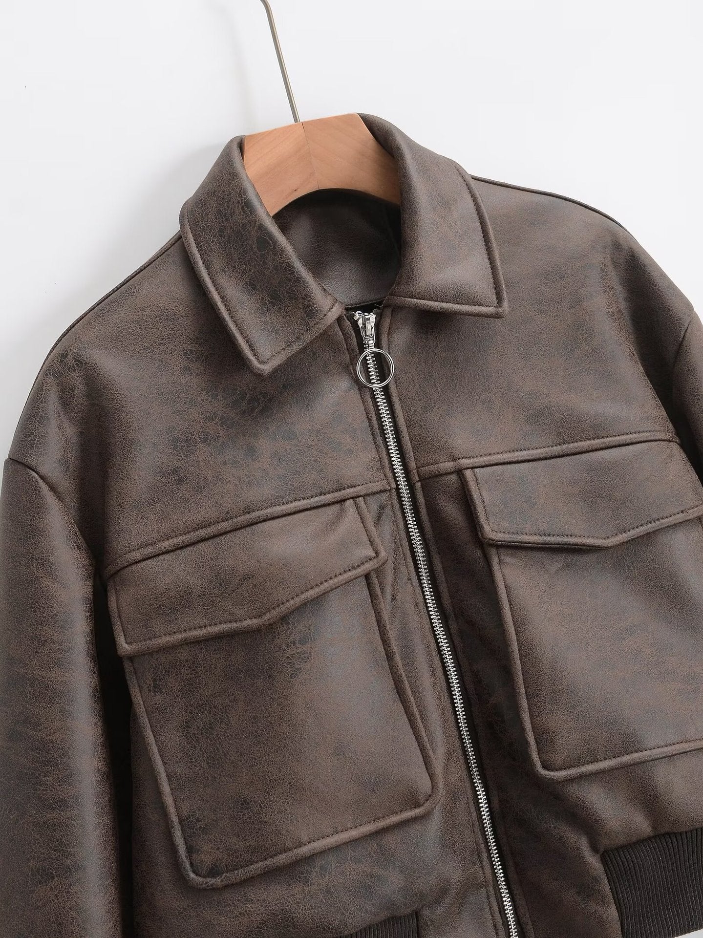 Distressed Faux Leather Bomber Jacket
