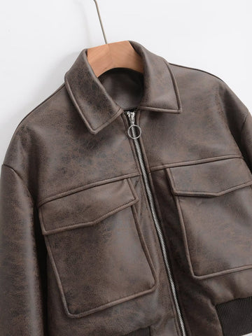Distressed Faux Leather Bomber Jacket