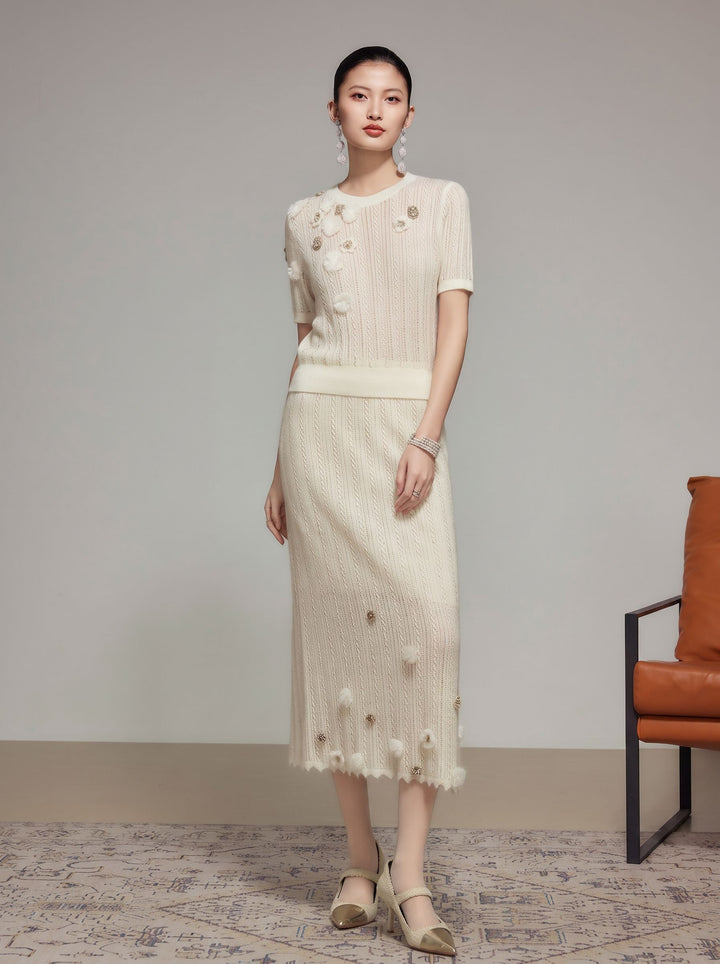 Floral Embellished Ribbed Knit Sweater