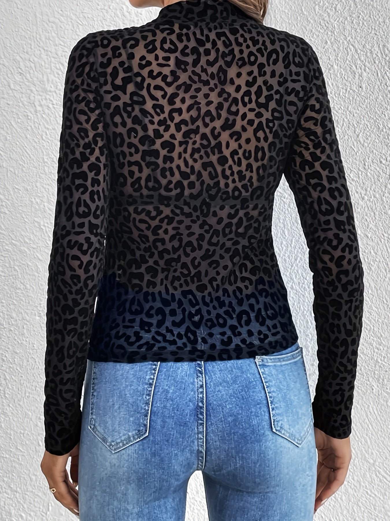 Sheer Leopard Print Mock Neck Tee