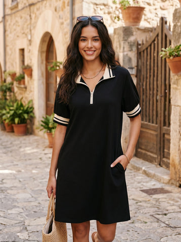 Zip Up Striped Trim Dress