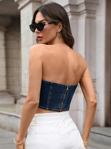 Studded Strapless Denim Corset Tube Top