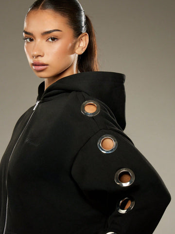 Grommet Detail Zip Up Hoodie