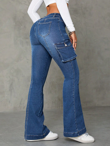 High Rise Seamed Cargo Flare Jeans