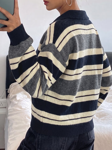 Oversized Striped Polo Collar Sweater
