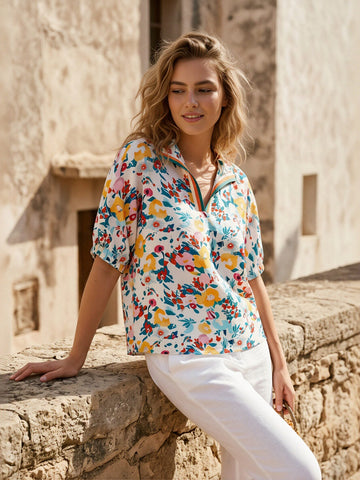 Floral Print Split Neck Chiffon Blouse