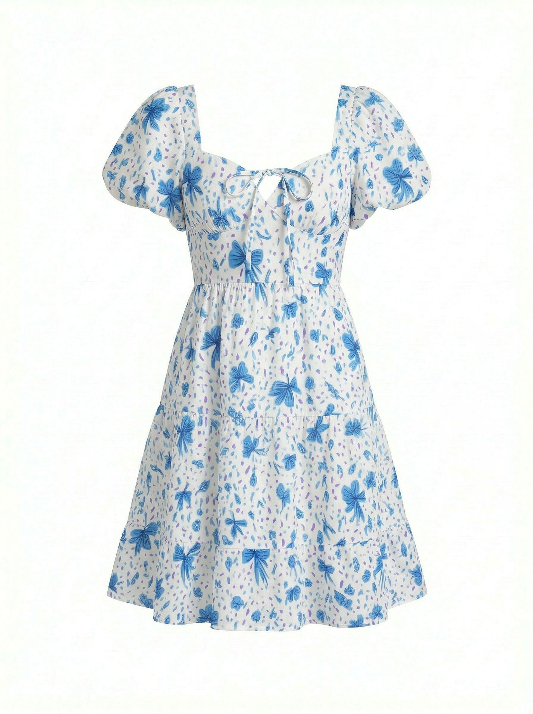 AYLA Floral Print Puff Sleeve Tiered Mini Dress