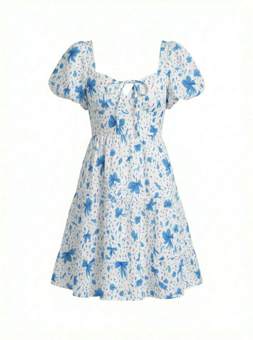 AYLA Floral Print Puff Sleeve Tiered Mini Dress