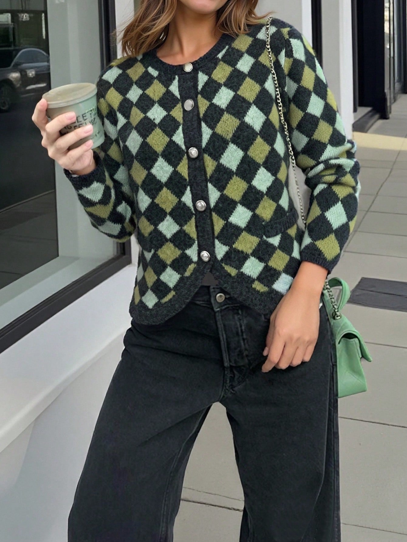 Cozy Argyle Pattern Knit Cardigan