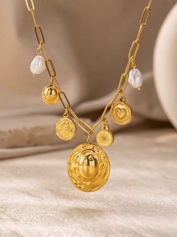Gold Layered Pearl Charm Necklace