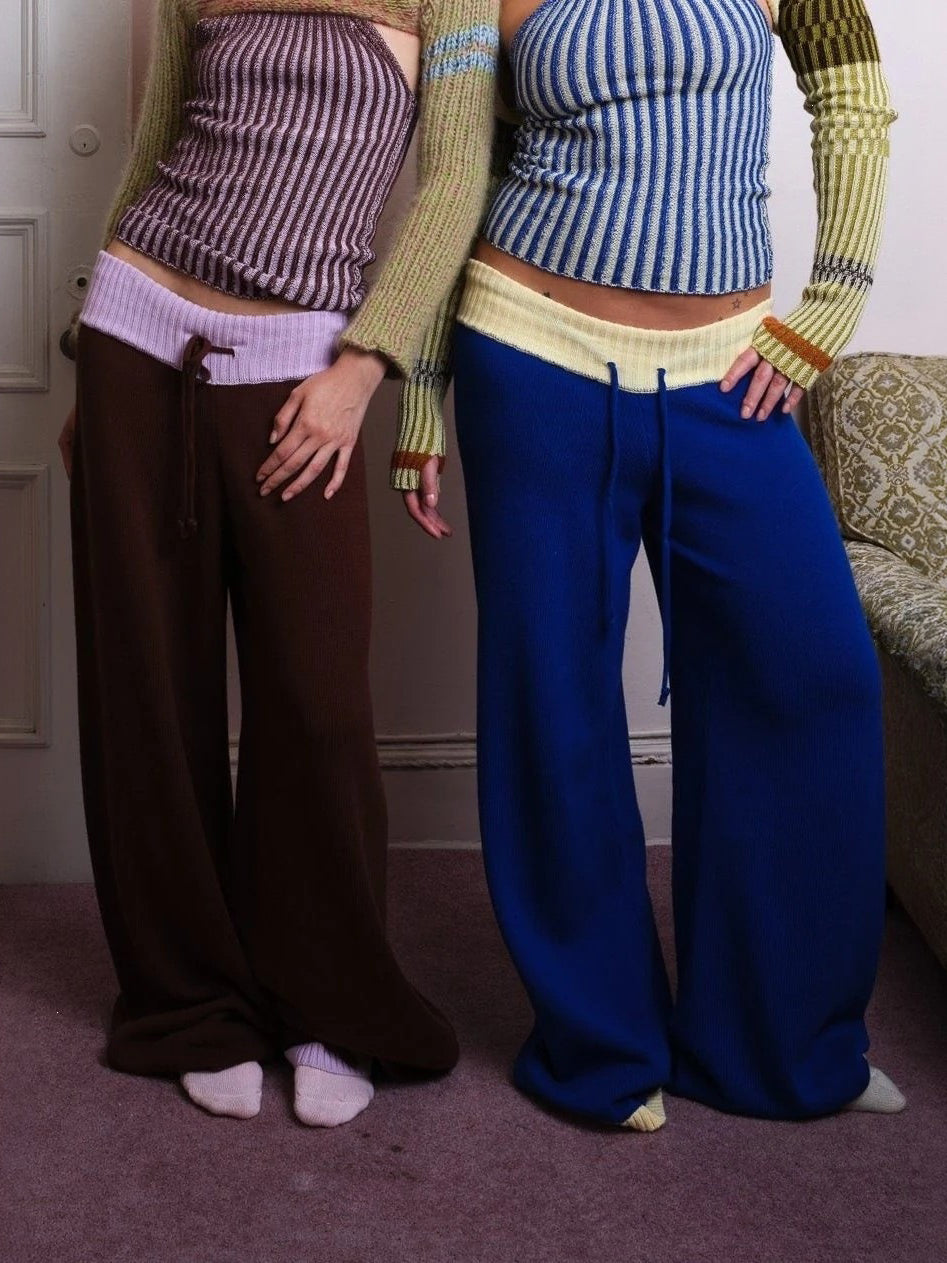 Colorblock Ribbed Knit Wide Leg Pants