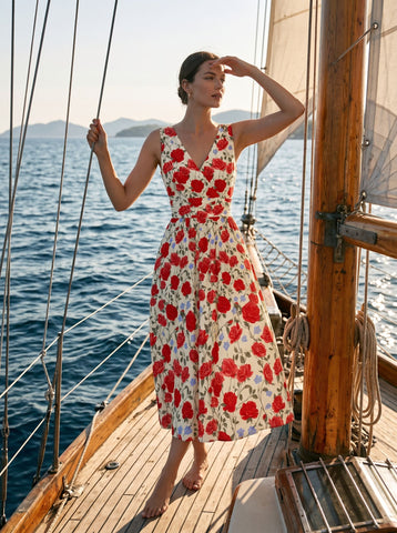 CORINNE
Floral Print V Neck A Line Midi Dress