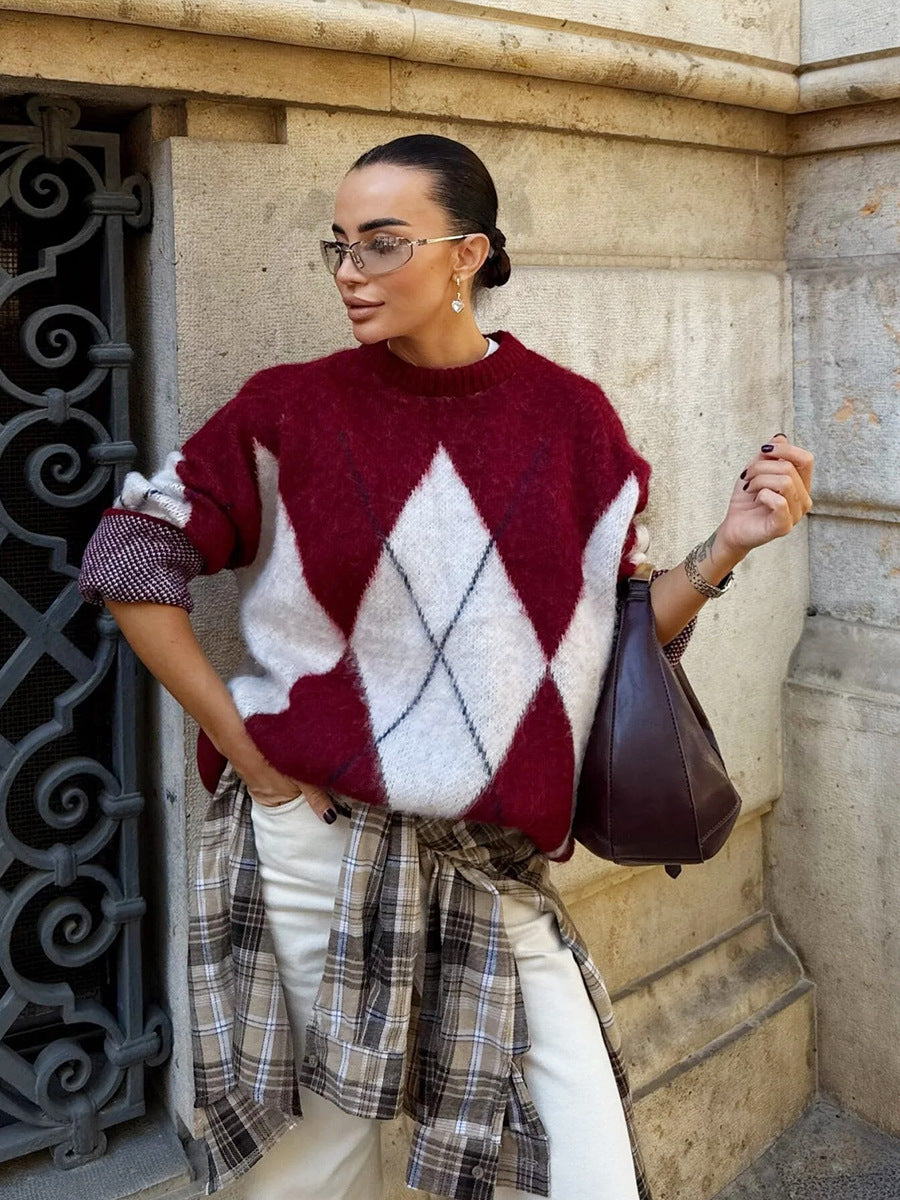 Oversized Argyle Fuzzy Knit Pullover Sweater