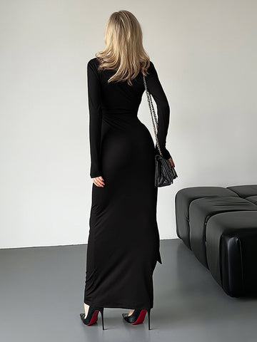 Plunging Neckline Ruched Maxi Dress