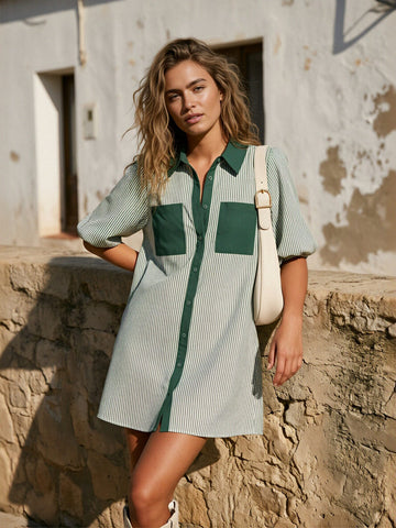 Striped Puff Sleeve Shirt Dress