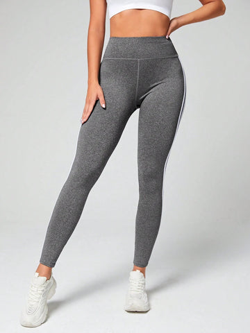 High-Waisted Contrast-Stripe Workout Leggings-Gray