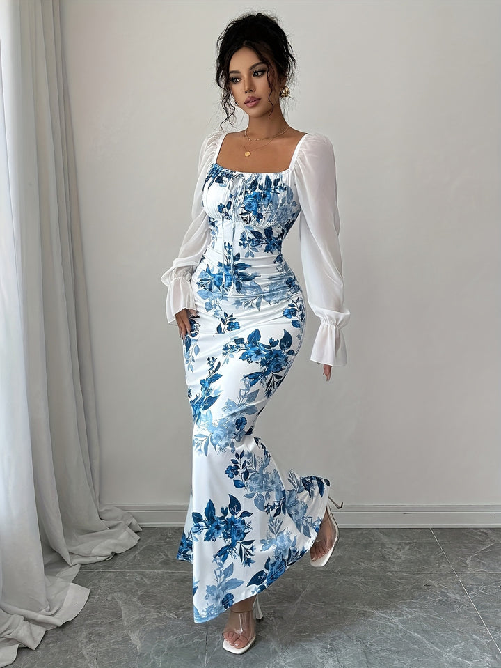 Floral Print Sheer Sleeve Maxi Dress