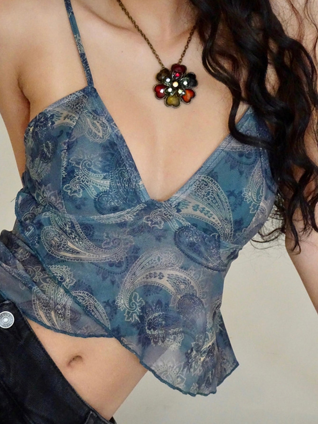 Sheer Paisley Print V Neck Camisole