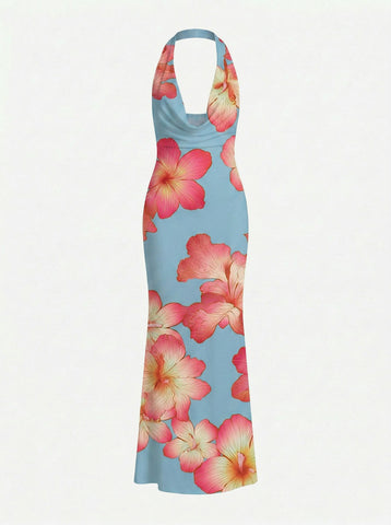 LILA Floral Print Cowl Neck Bodycon Midi Dress