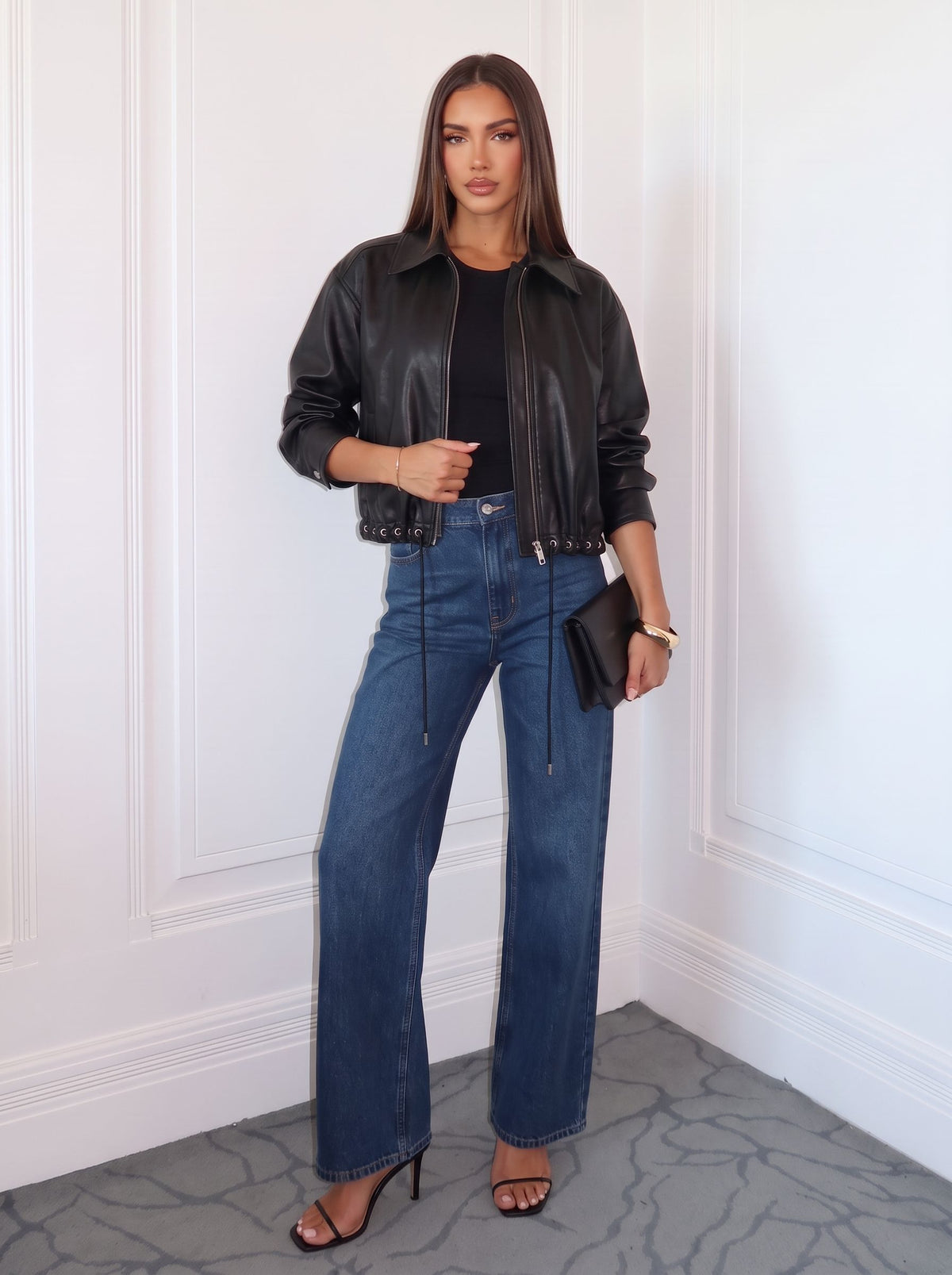 Cropped Grommet Detail Faux Leather Jacket