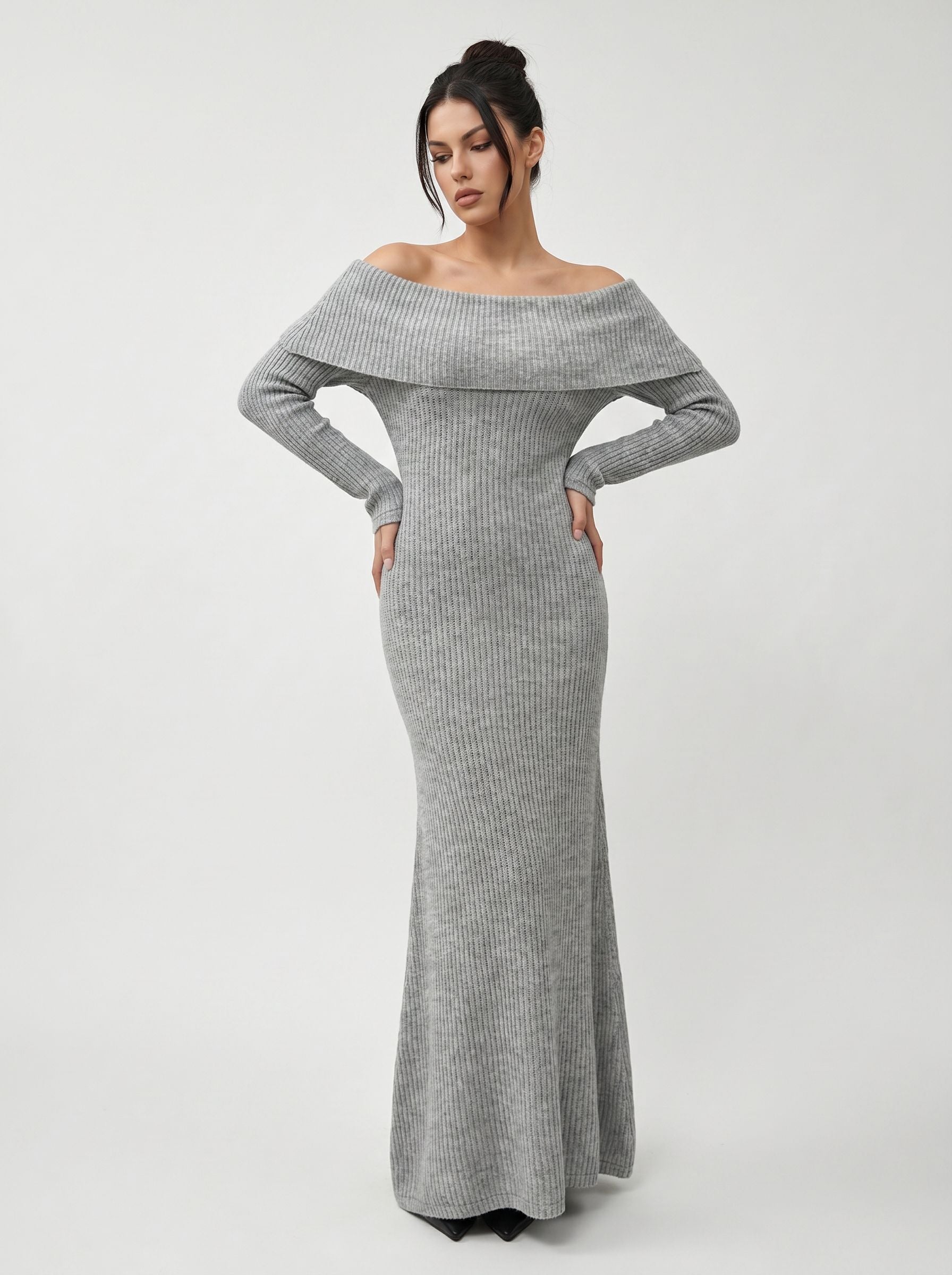 Off Shoulder Ribbed Knit Maxi Dress